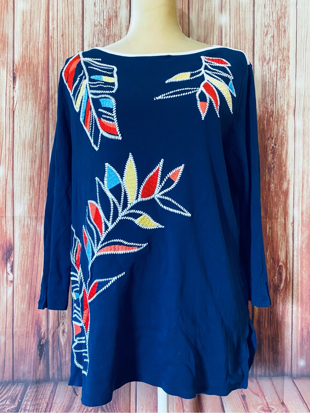 Women’s Large Blouse Rafaella Knit Blue Leaf Stitched Pattern 3/4 Sleeves Soft